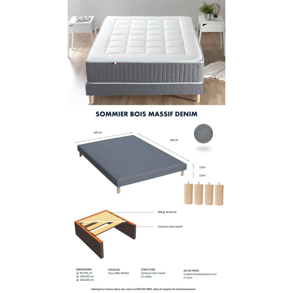 Lovea Sommier 12 Lattes DĂ©co Bleu Denim + Pieds 140x190cm â Image 5