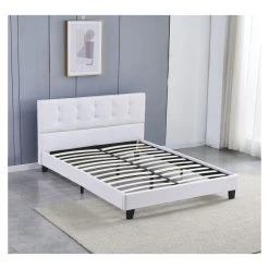 Sensoreve Lit 140x200cm Simili Cuir Blanc Avec TĂȘte De Lit BoutonnĂ©e, Sommier ...